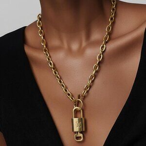 Authentic Louis Vuitton Gold Padlock w/Unbranded Stainless Steel Chain Necklace